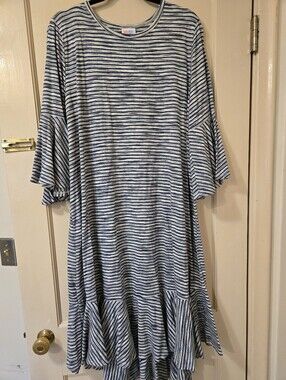 Lularoe Maurine Striped Blue & Cream Ruffle-Sleeve Women’s Dress